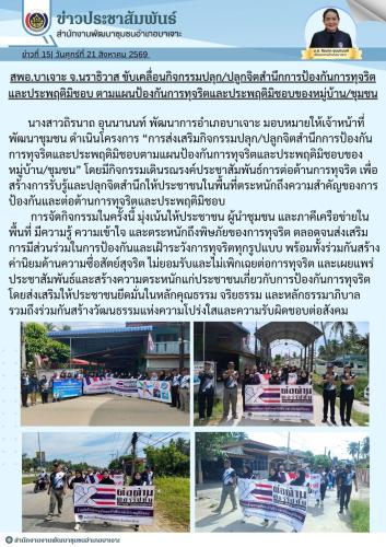 สพอ.บาเจาะ จ.นราธิวาส ขับเคลื่อนกิจกรรมปลุก/ปลูกจิตสำนึกการป้องกันการทุจริตและประพฤติมิชอบ ตามแผนป้องกันการทุจริตและประพฤติมิชอบของหมู่บ้าน/ชุมชน